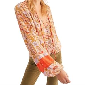 Free People Beautiful Day Satin Paisley Print Peasant Blouse Boho Top Hippie XS